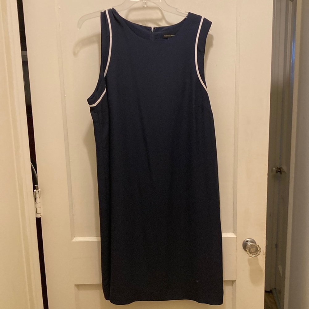 Navy and cream lined sleeveless shift dress